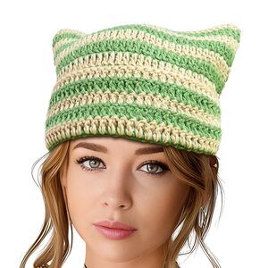 3354 Y2K Beanie Crochet Hat with Cat Ear Cute Fox Hat Vintage Grunge